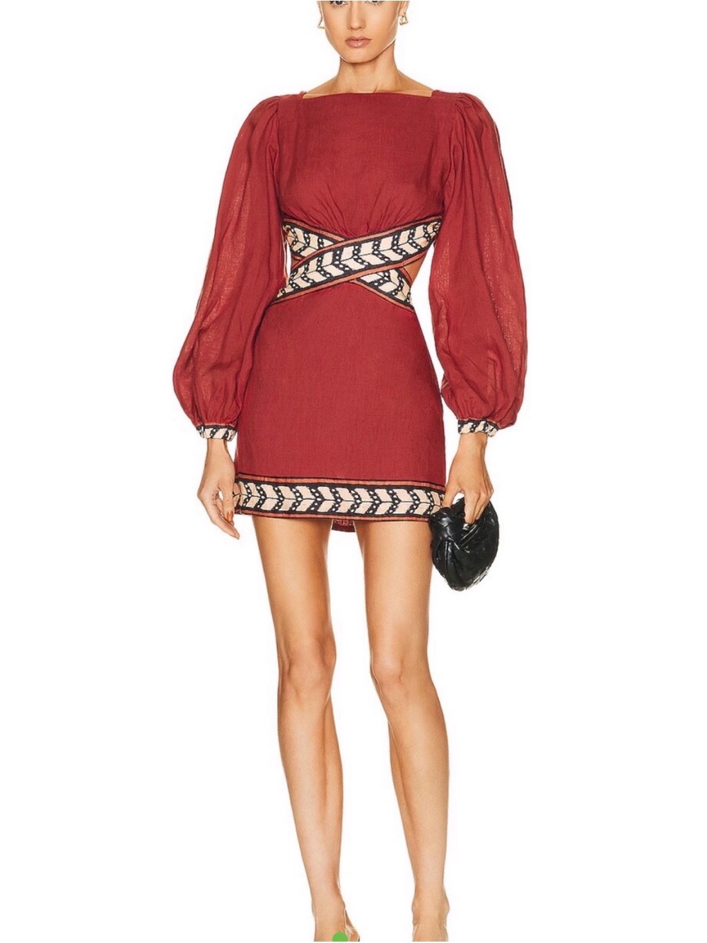 Johanna Ortiz Red Cutout Puff-Sleeve Mini Dress with Embroidered Trim